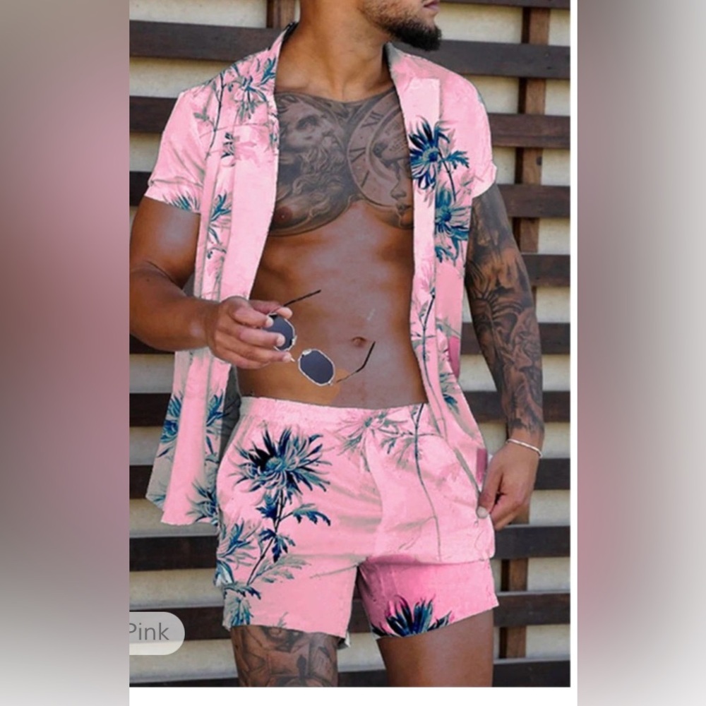 Men's, Pink, Tropical Print, matching,Short and shirt set, size large